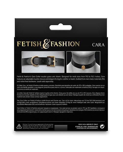Fetish & Fashion Cara Collar in black with adjustable buckle, cruelty-free PU material, nickel-free hardware, and O-ring for leash attachment.