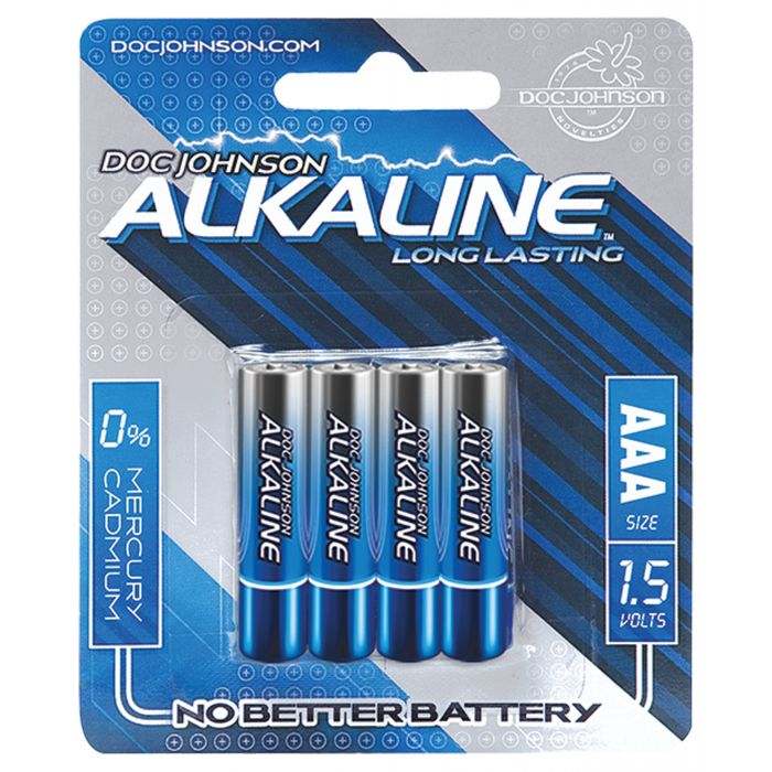 Pack of four Doc Johnson alkaline AAA batteries, long-lasting power, 1.5 volts, mercury and cadmium free.