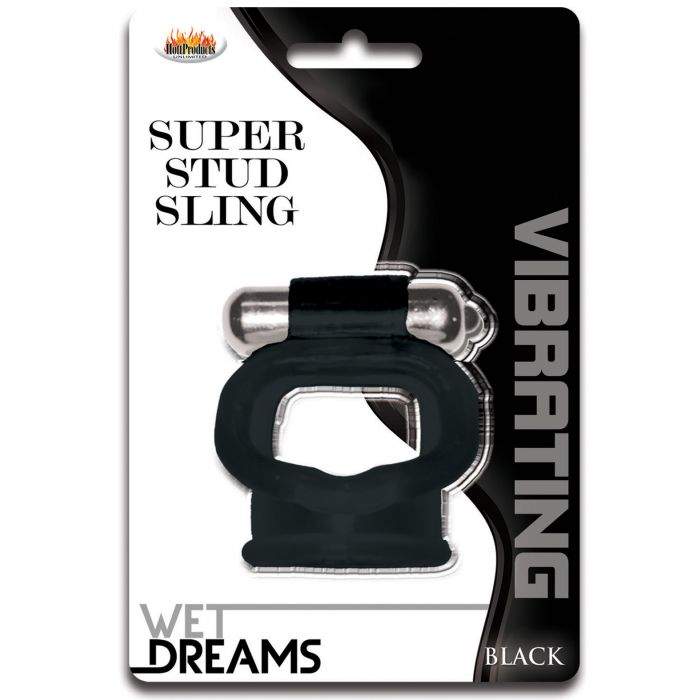 Wet Dreams Super Stud Sling in black, vibrating adjustable sling for intimate pleasure and hands-free use.