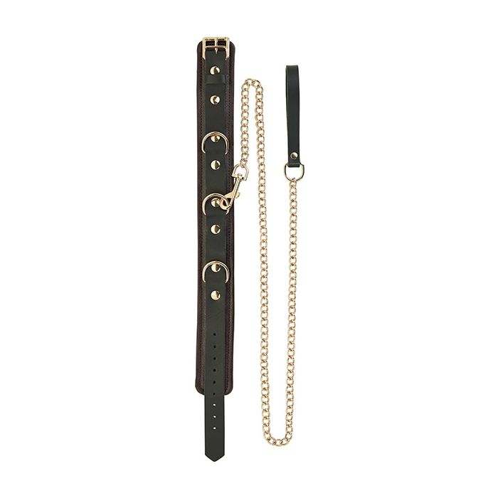 Spartacus Collar & Leash set in brown leather with gold accent hardware, featuring an adjustable collar and ergonomic leash.