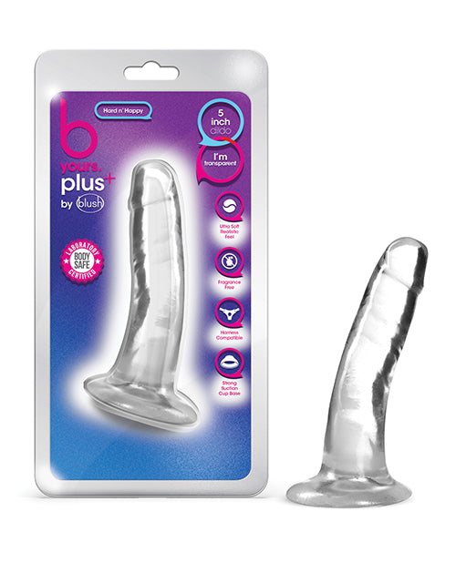 B Yours Plus Hard N Happy Clear 5-inch body-safe silicone dildo with firm curved design and suction cup base in transparent finish