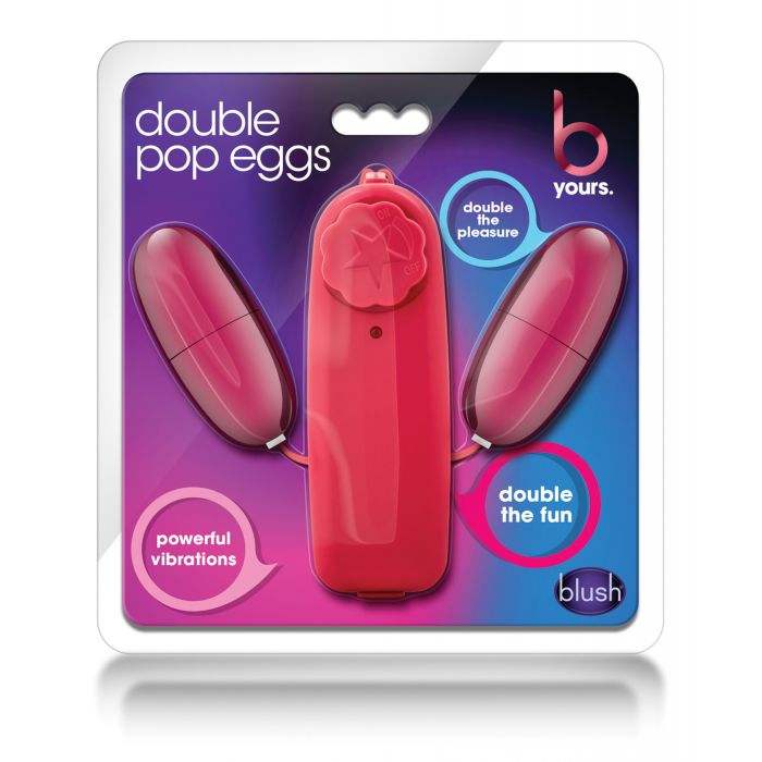 Blush B Yours Double Pop Eggs in cerise color with dual vibrating eggs and remote control in retail packaging