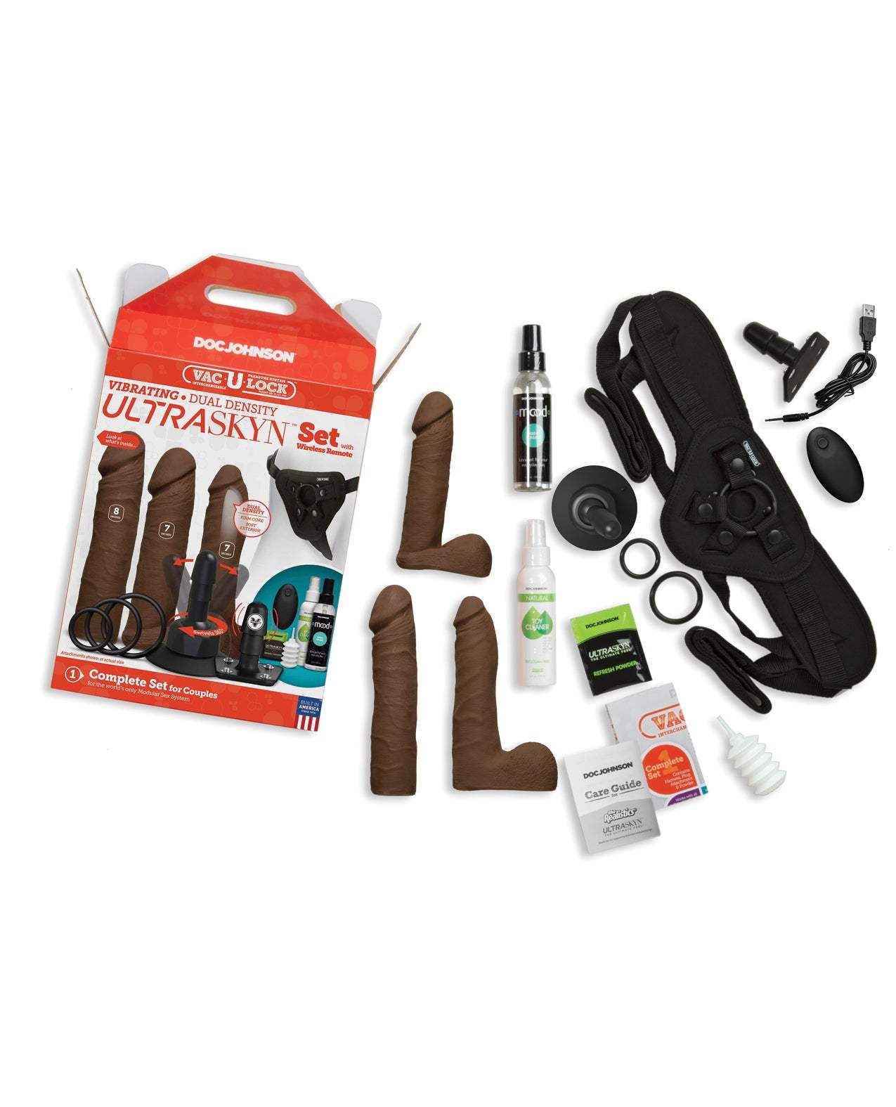 Vac-U-Lock Vibrating Dual Density ULTRASKYN strap-on set with wireless remote and accessories in chocolate color