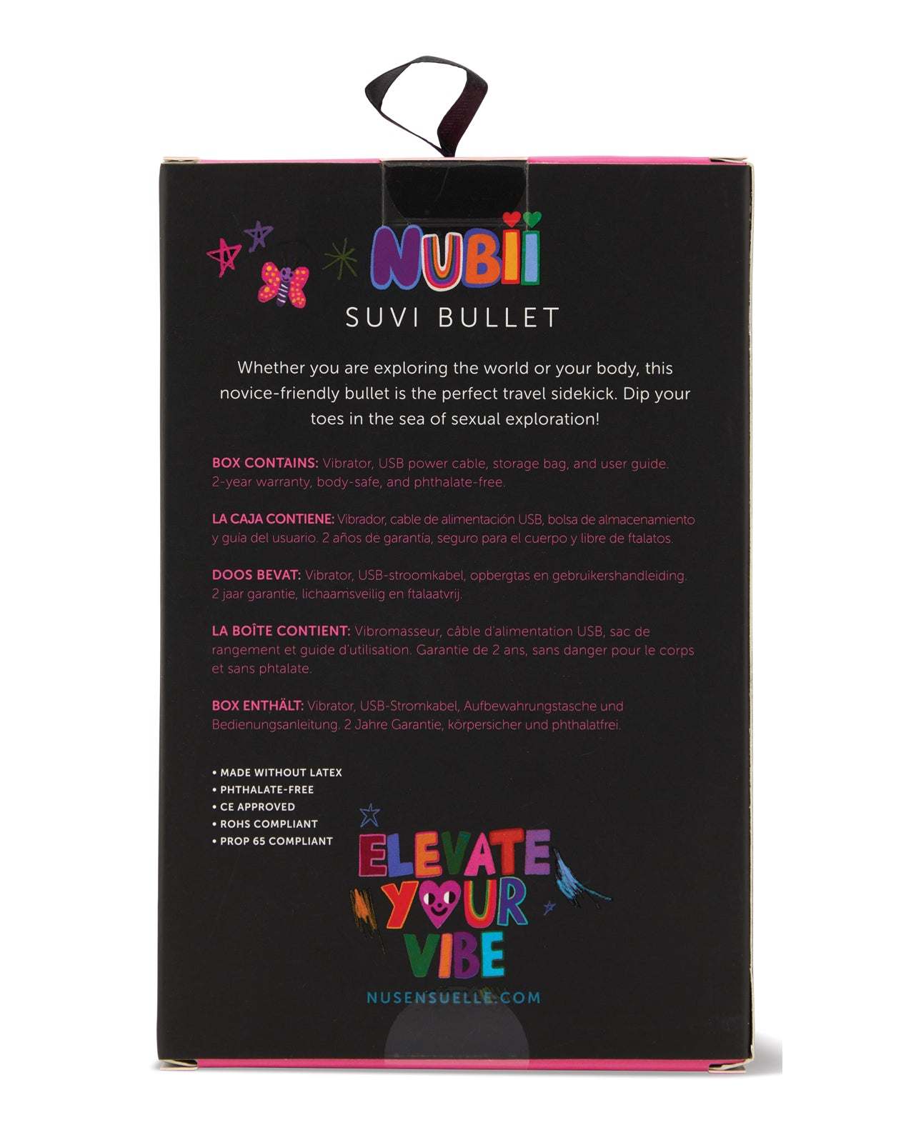 Black packaging box for Nubii Suvi Bullet vibratory device with colorful text and product details