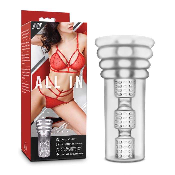 Transparent "All in - Clear" pleasure device with three suction chambers for intense stimulation and body-safe soft material.