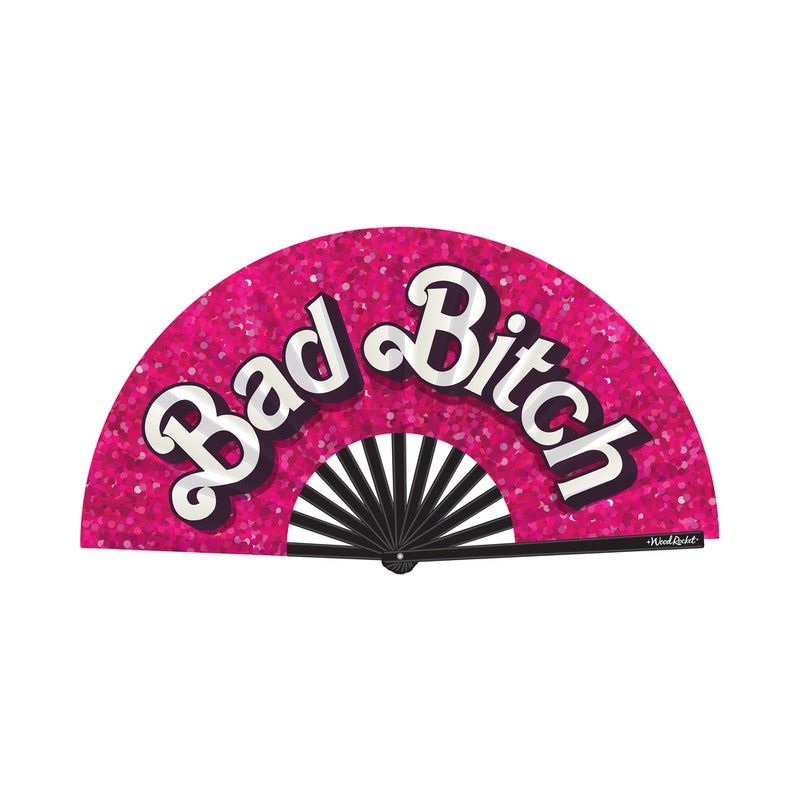 Pink folding hand fan with "Bad Bitch" text in bold white letters and black bamboo ribs