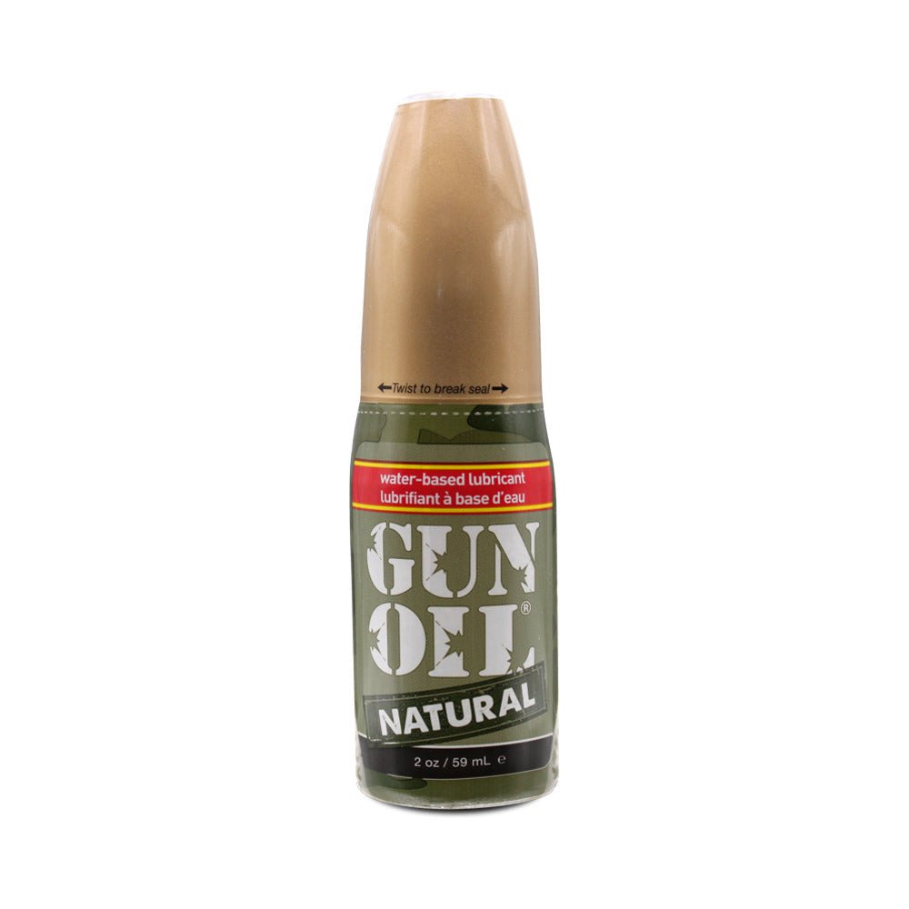 Gun Oil Natural Water-Based Lubricant 2 oz bottle with olive green and tan packaging, hypoallergenic and made with natural ingredients.