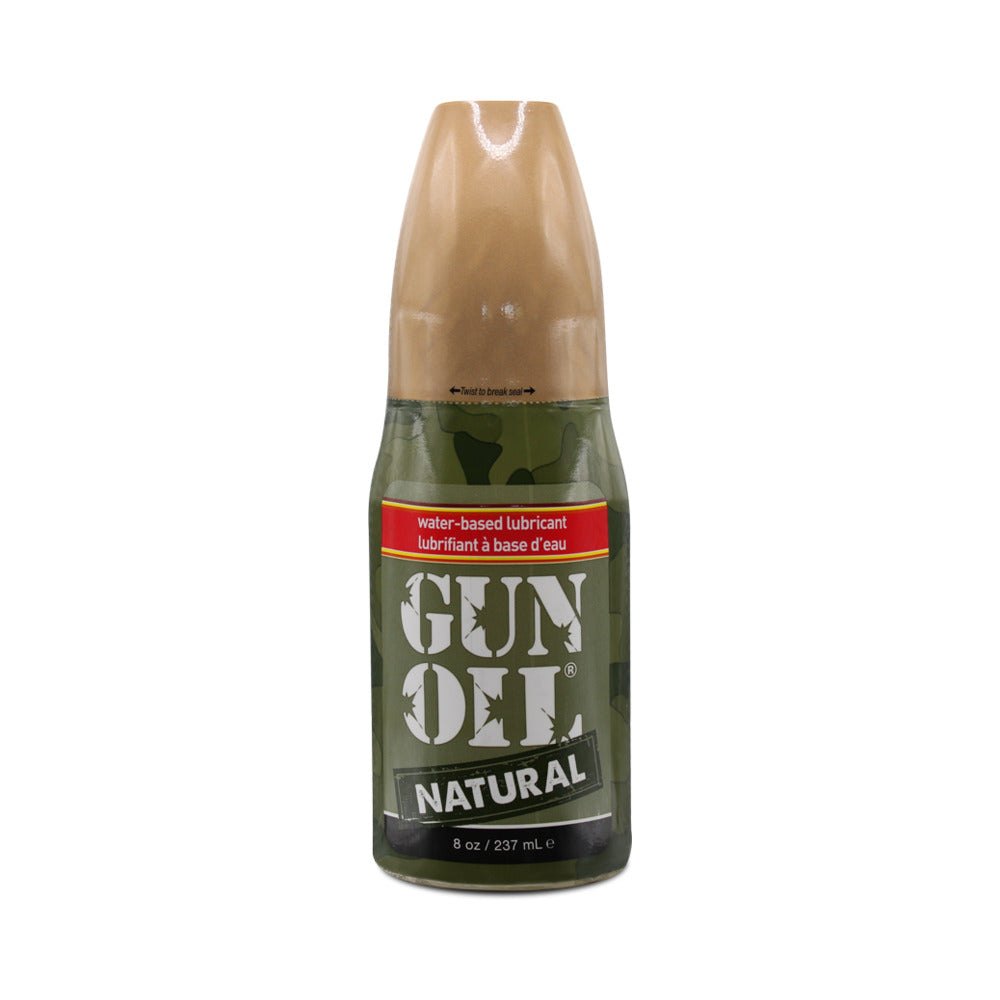 Gun Oil Natural Water-Based Lubricant 8 oz bottle with camo design and beige cap for sensitive skin and enhanced intimacy