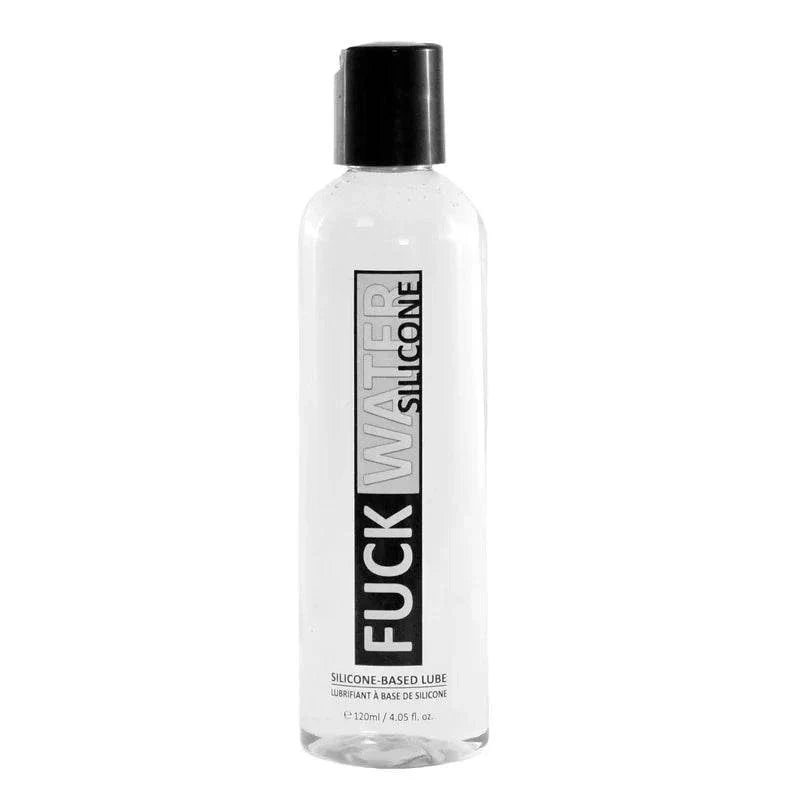 Clear 4oz bottle of Fuck Water Silicone lubricant with black cap and bold black and white label.