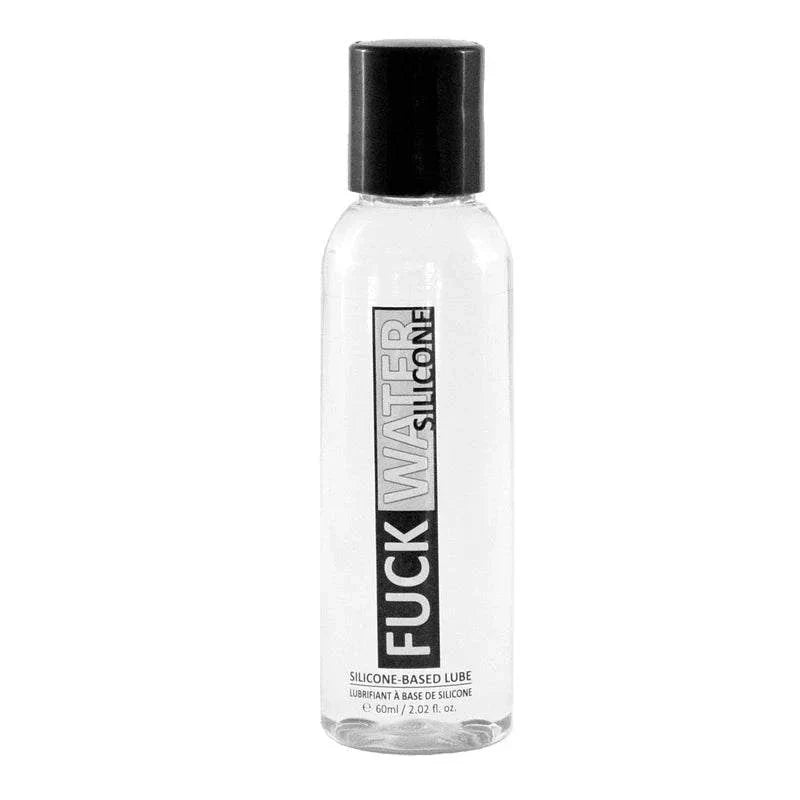 Clear 2oz bottle of Fuck Water Silicone lubricant with black cap and bold black and white label design