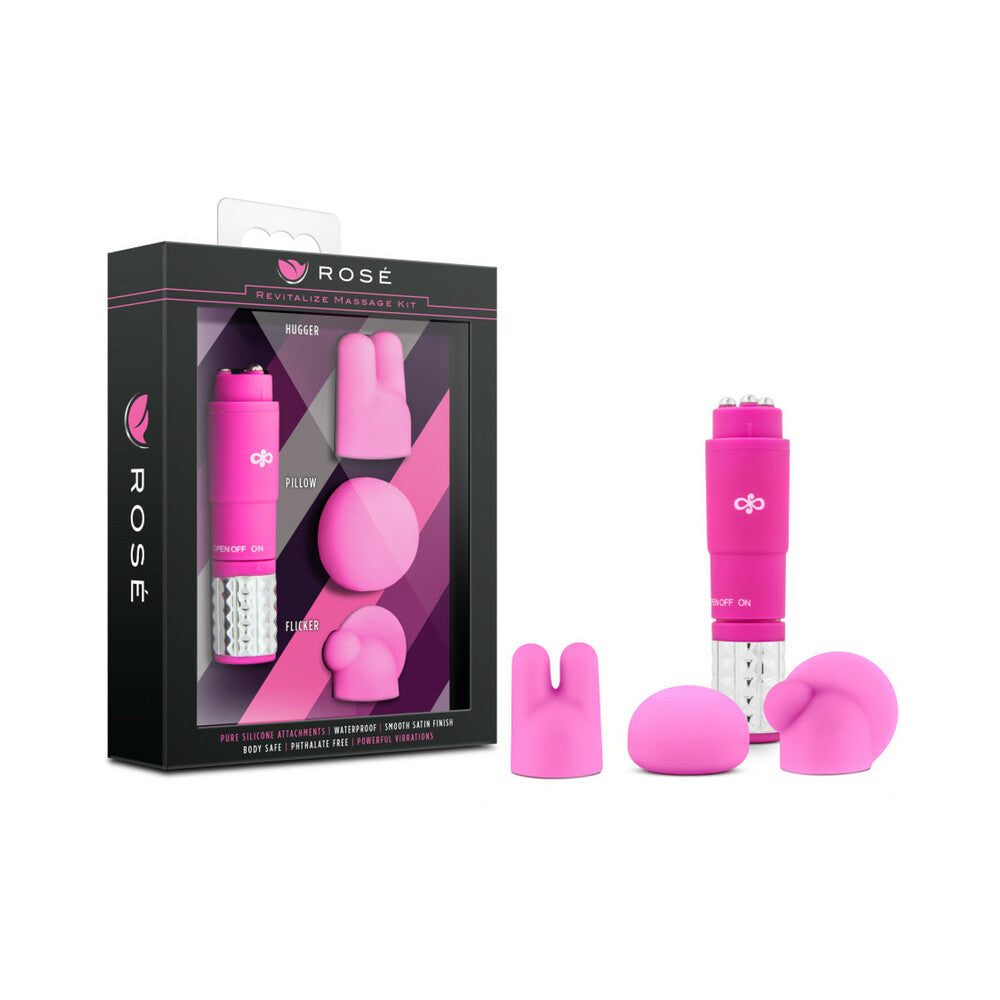 Rose Revitalize Massage Kit with mini vibrator and three pink silicone attachments for relaxation and self-care
