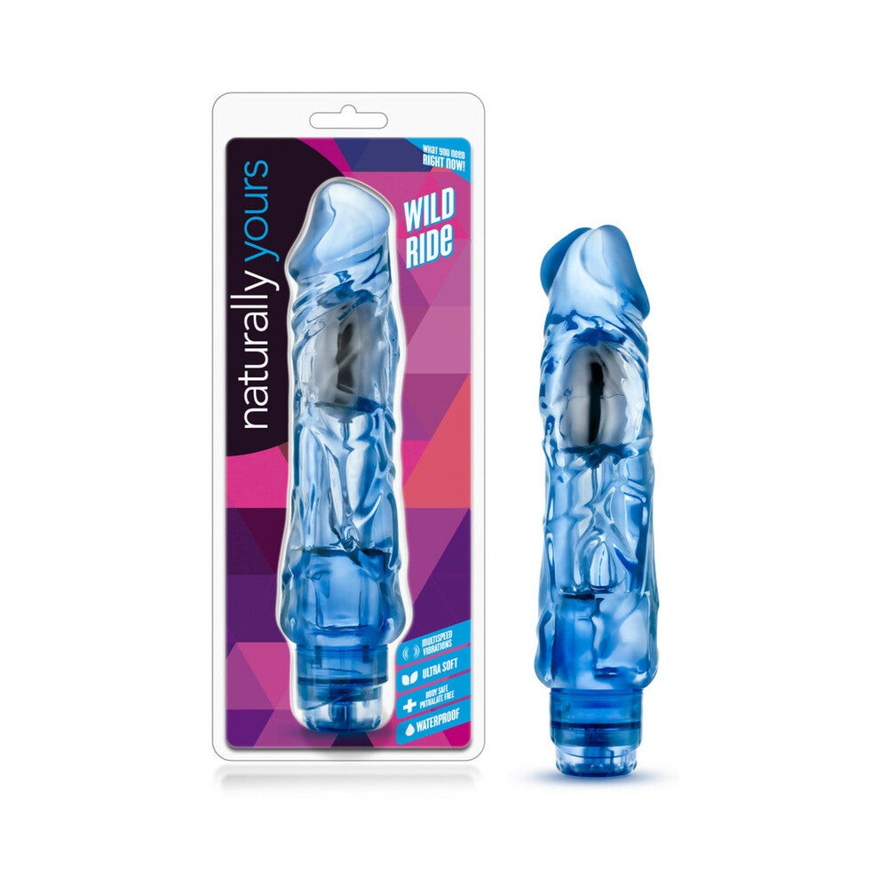 Naturally Yours Wild Ride 9-inch blue realistic vibrating dildo with multi-speed settings and waterproof design.