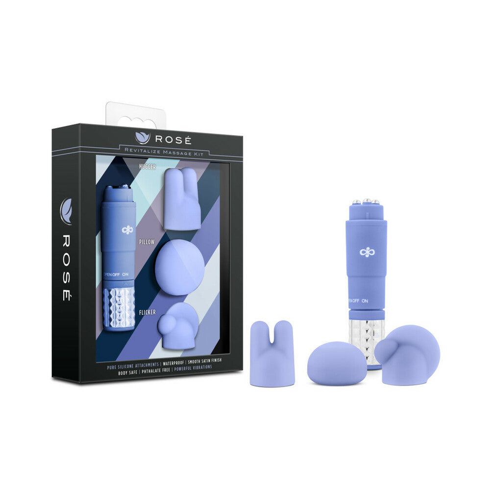 Rose Revitalize Massage Kit with mini vibrator and three periwinkle silicone attachments for relaxing and soothing massage therapy