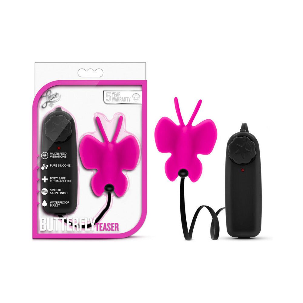 Luxe Butterfly Teaser remote-controlled fuchsia silicone mini vibrator with butterfly design and compact black remote control.