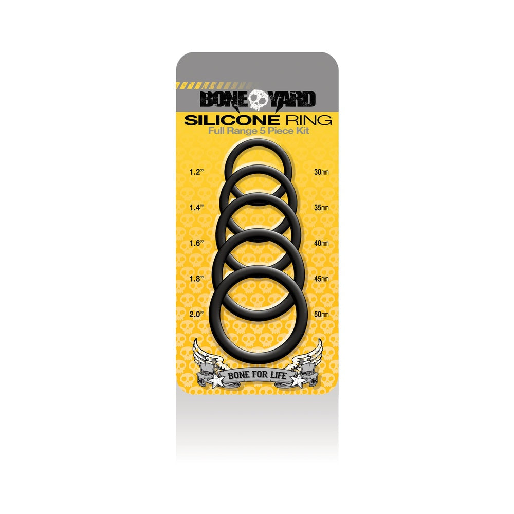 Boneyard Silicone Ring 5-piece black medical-grade silicone ring kit with 3X-stretch, non-roll design for comfort and durability.