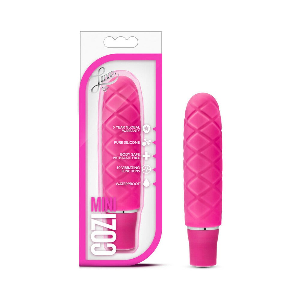 Luxe Cozi Mini Silicone slimline fuchsia vibrator with textured surface and multiple vibration settings in packaging and unboxed views