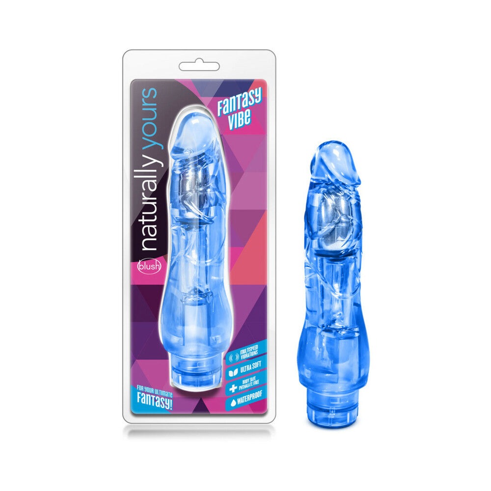 Naturally Yours Fantasy Vibe realistic 8.5-inch blue vibrating dildo with flexible shaft and multi-speed settings.