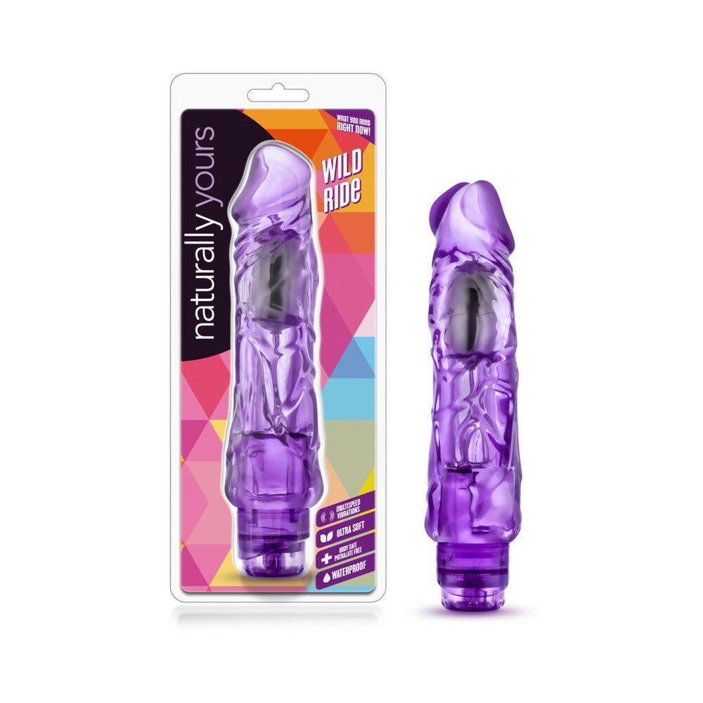 Naturally Yours Wild Ride 9-inch purple realistic vibrating dildo with multi-speed vibrations and waterproof design.