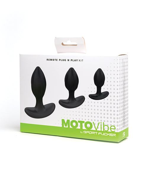 Sport Fucker MotoVibe Plug N Play Kit with three black plugs including a remote-controlled vibrating plug for varied intimate pleasure and training.
