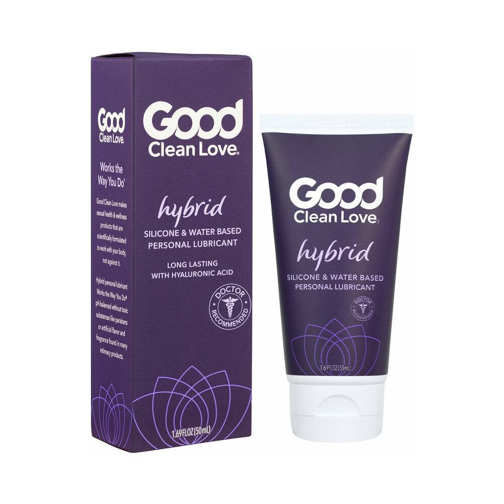 Good Clean Love Hybrid Personal Lubricant 1.69 oz tube and box, silicone and water-based formula with hyaluronic acid for long-lasting hydration.