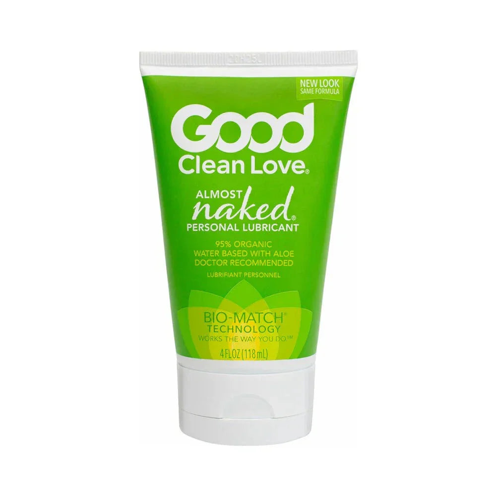 Good Clean Love Almost Naked Personal Lubricant 4 oz tube with green and white packaging, water-based formula with aloe vera, organic and doctor recommended