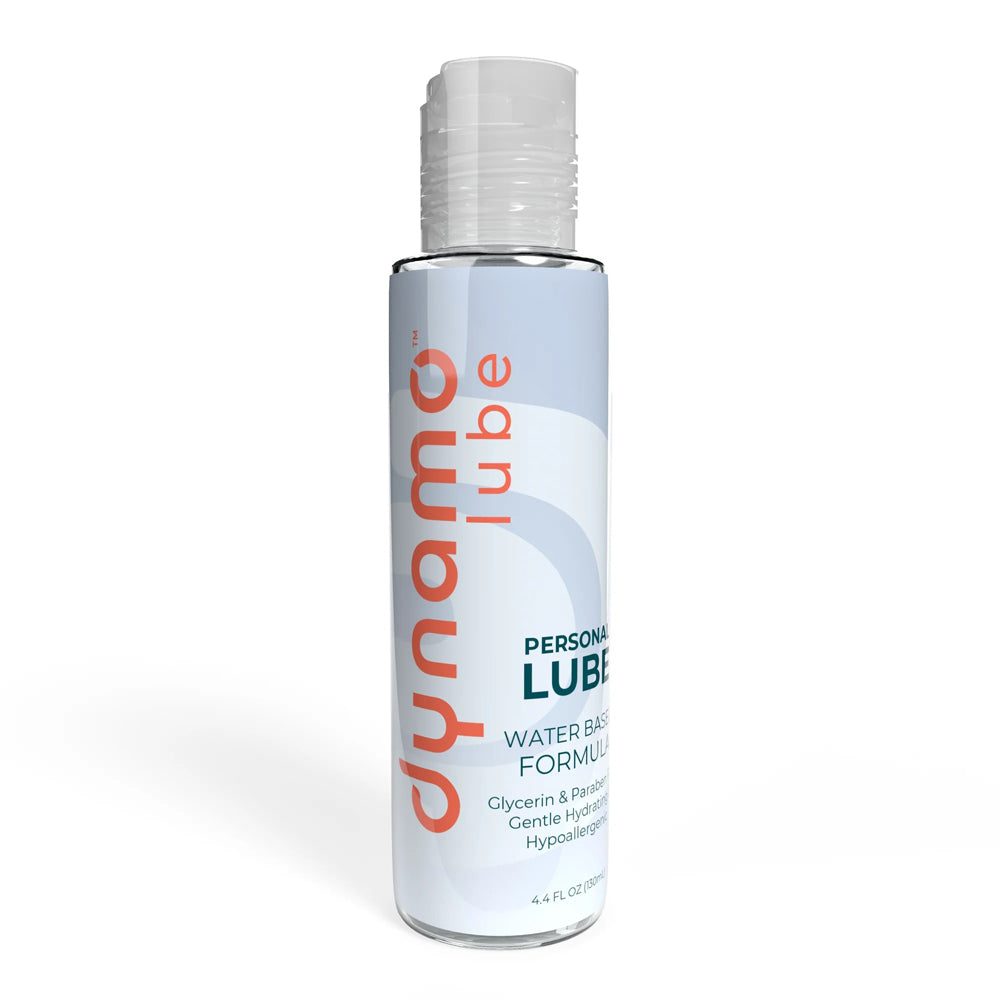 Dynamo Lube Water-Based Formula 4.4oz bottle, glycerin and paraben free personal lubricant with gentle, hypoallergenic formula and smooth, non-sticky texture.