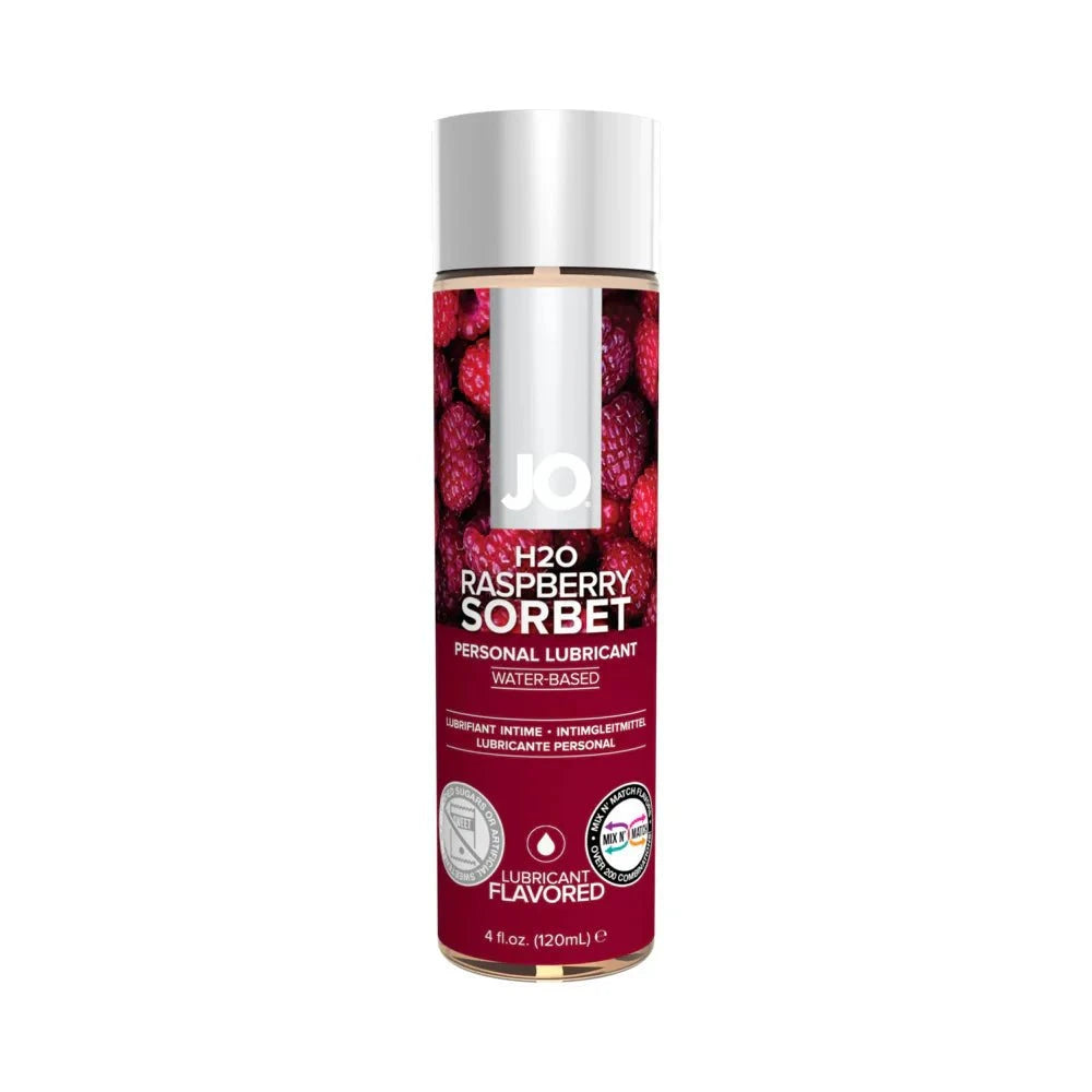 JO H2O Raspberry Sorbet flavored water-based personal lubricant 4 oz bottle with raspberry design
