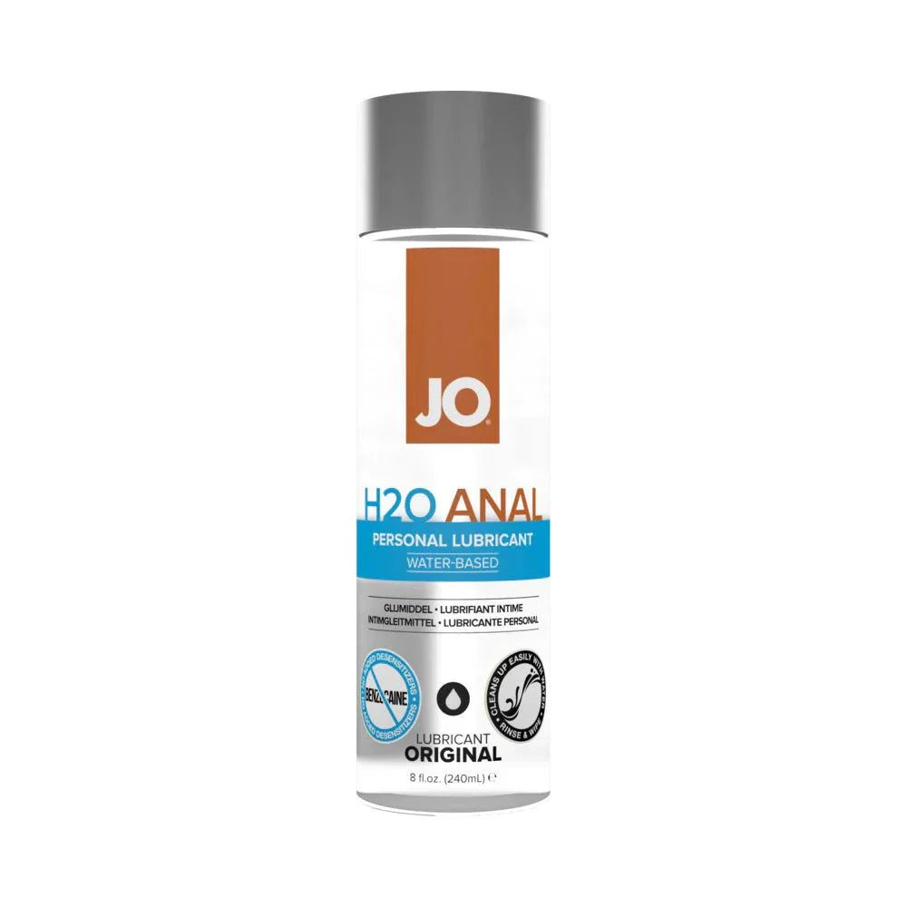 JO H2O Anal Original water-based lubricant bottle for smooth, non-sticky anal play and compatible with toys and condoms.