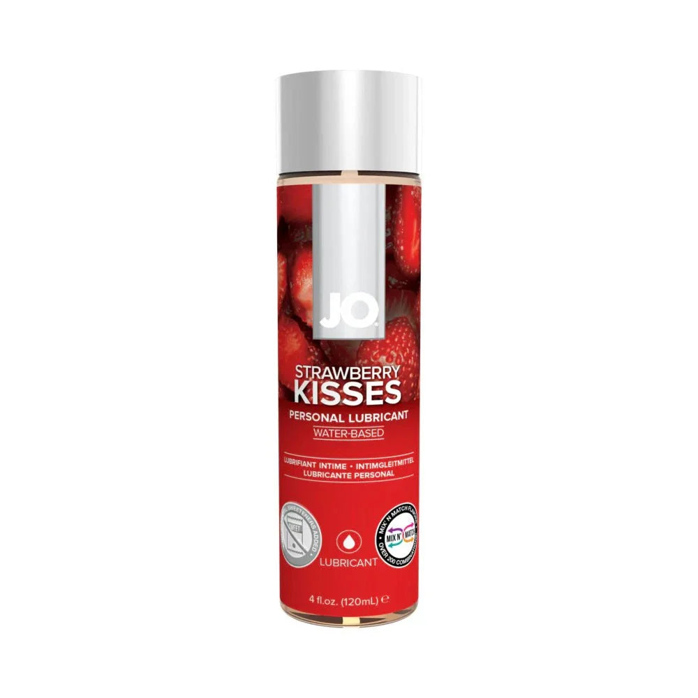JO H2O Strawberry Kisses flavored water-based personal lubricant in a 4 oz bottle with strawberry design