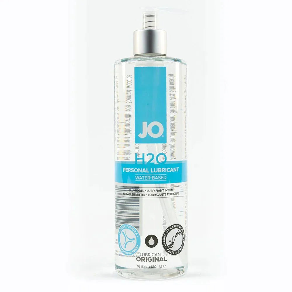 JO H2O Original Water-Based Lubricant 16 oz clear bottle with pump and blue label for personal intimate use