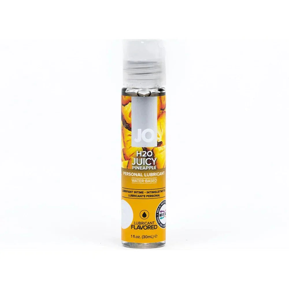 JO H2O Juicy Pineapple flavored water-based personal lubricant in a 1 oz clear bottle with yellow pineapple design label