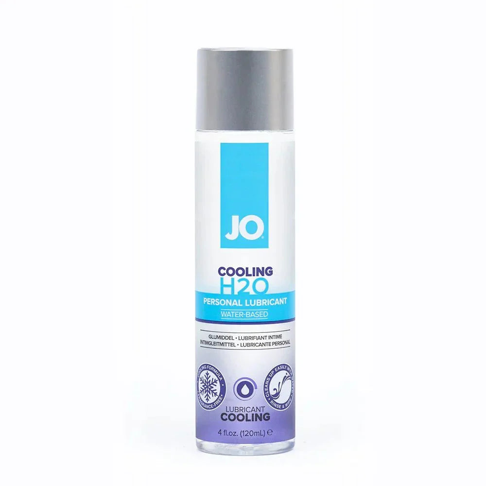 JO H2O Cooling Water-Based Lubricant 4 oz bottle with cooling menthol formula for smooth, refreshing intimate experiences