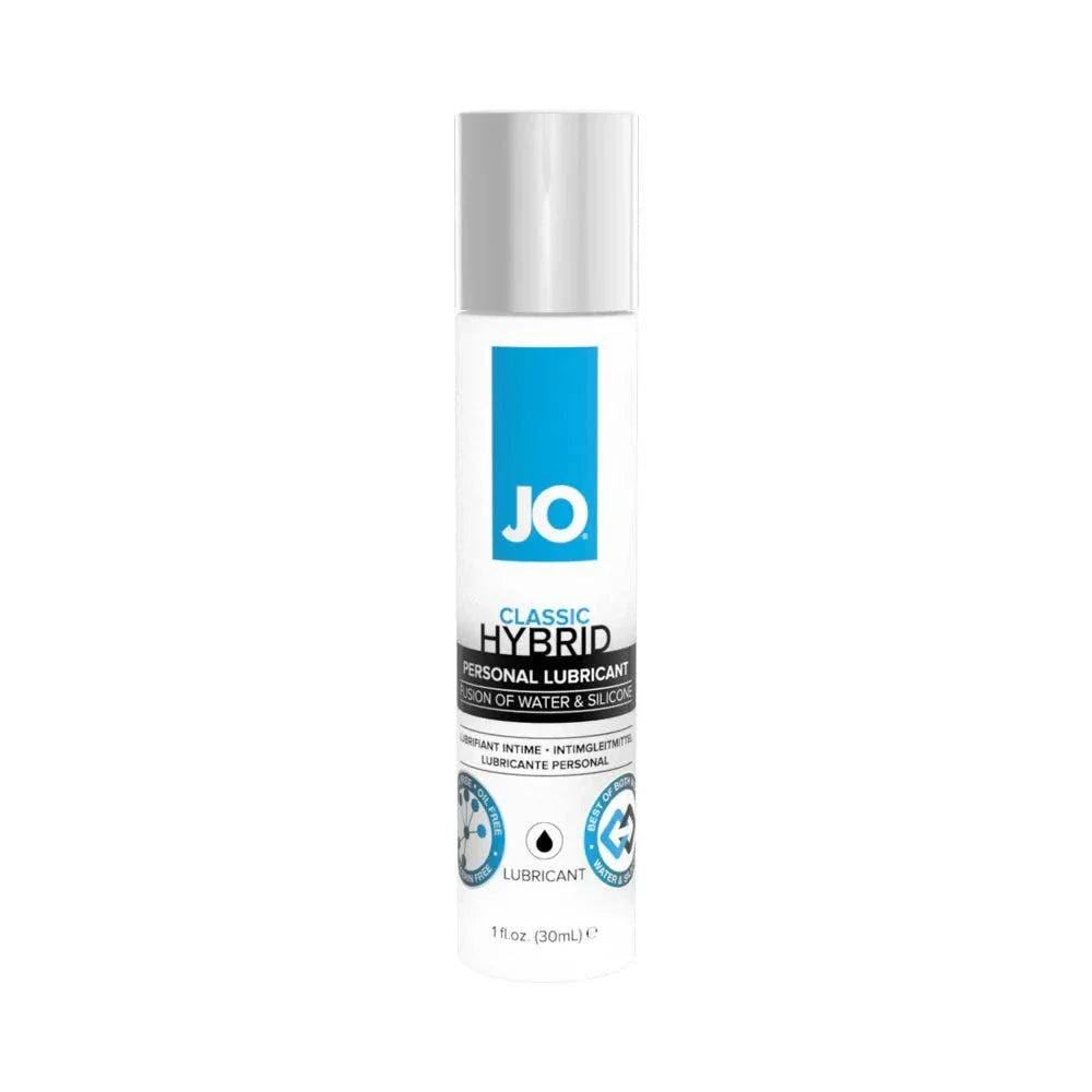 JO Classic Hybrid Lubricant 1 oz bottle combining water and silicone-based formula for long-lasting, smooth, and safe intimate use.