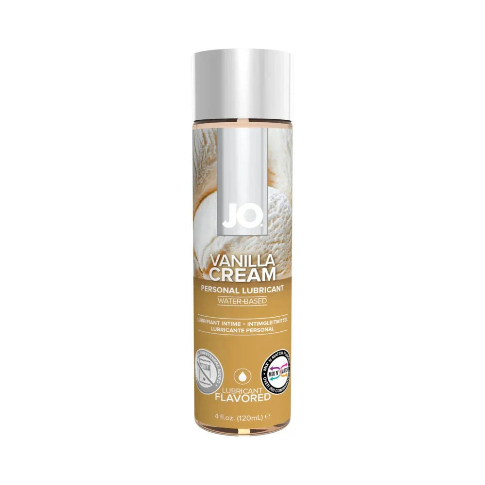 JO H2O Vanilla Cream flavored water-based personal lubricant in a 4 oz bottle with marshmallow and caramel scent