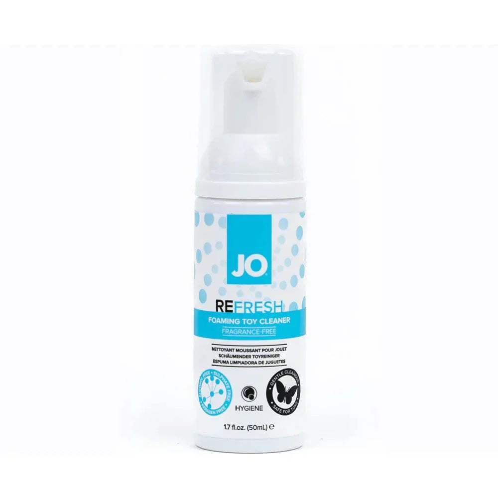 JO Refresh Foaming Toy Cleaner 1.7 oz bottle, fragrance-free foam for safe and effective intimate toy cleaning