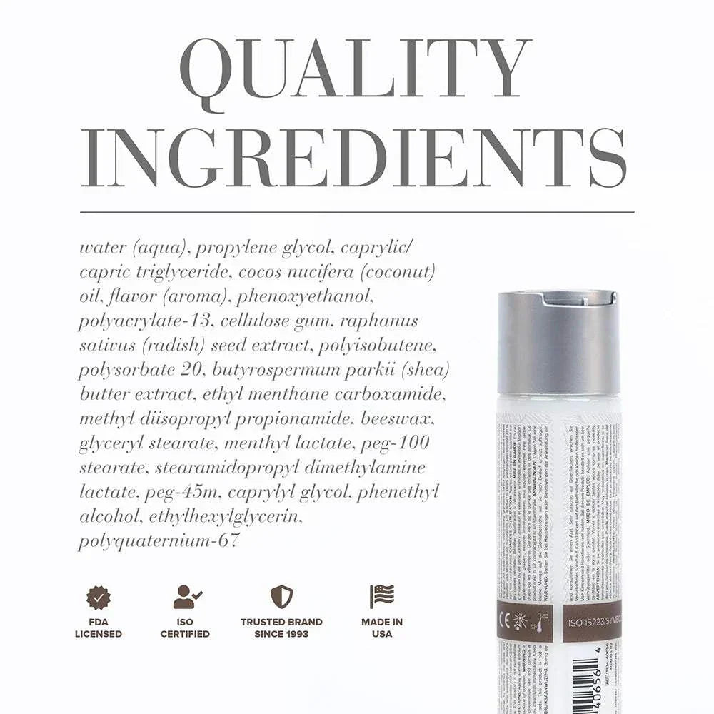 JO Coconut Hybrid Original Lubricant 4 oz bottle with list of quality ingredients and certification icons on white background