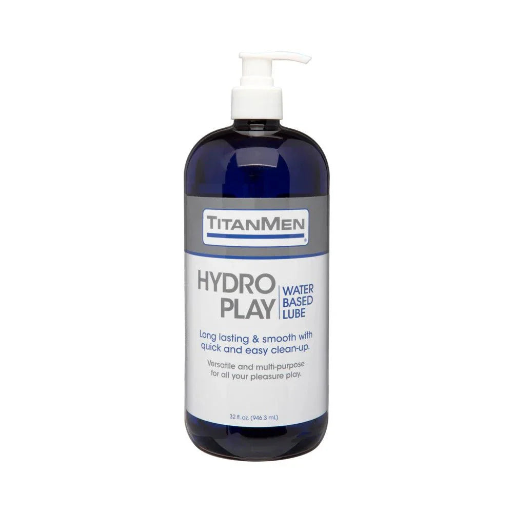 TitanMen Hydro-Play 32oz water-based lubricant bottle with pump for smooth, long-lasting, non-sticky glide and easy cleanup