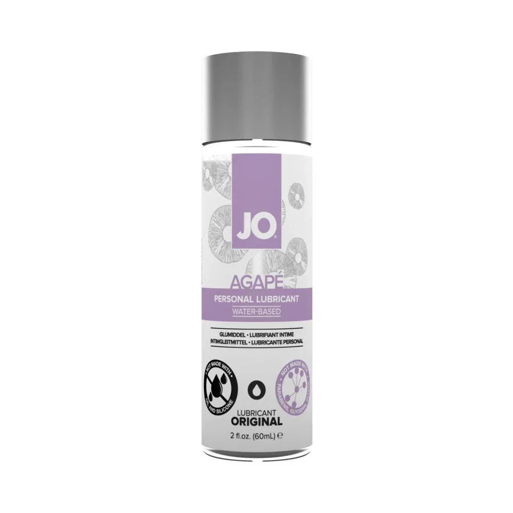 JO Agape Original Water-Based Lubricant 2 oz bottle with purple label and silver cap, water-based personal lubricant for sensitive skin and intimate use.
