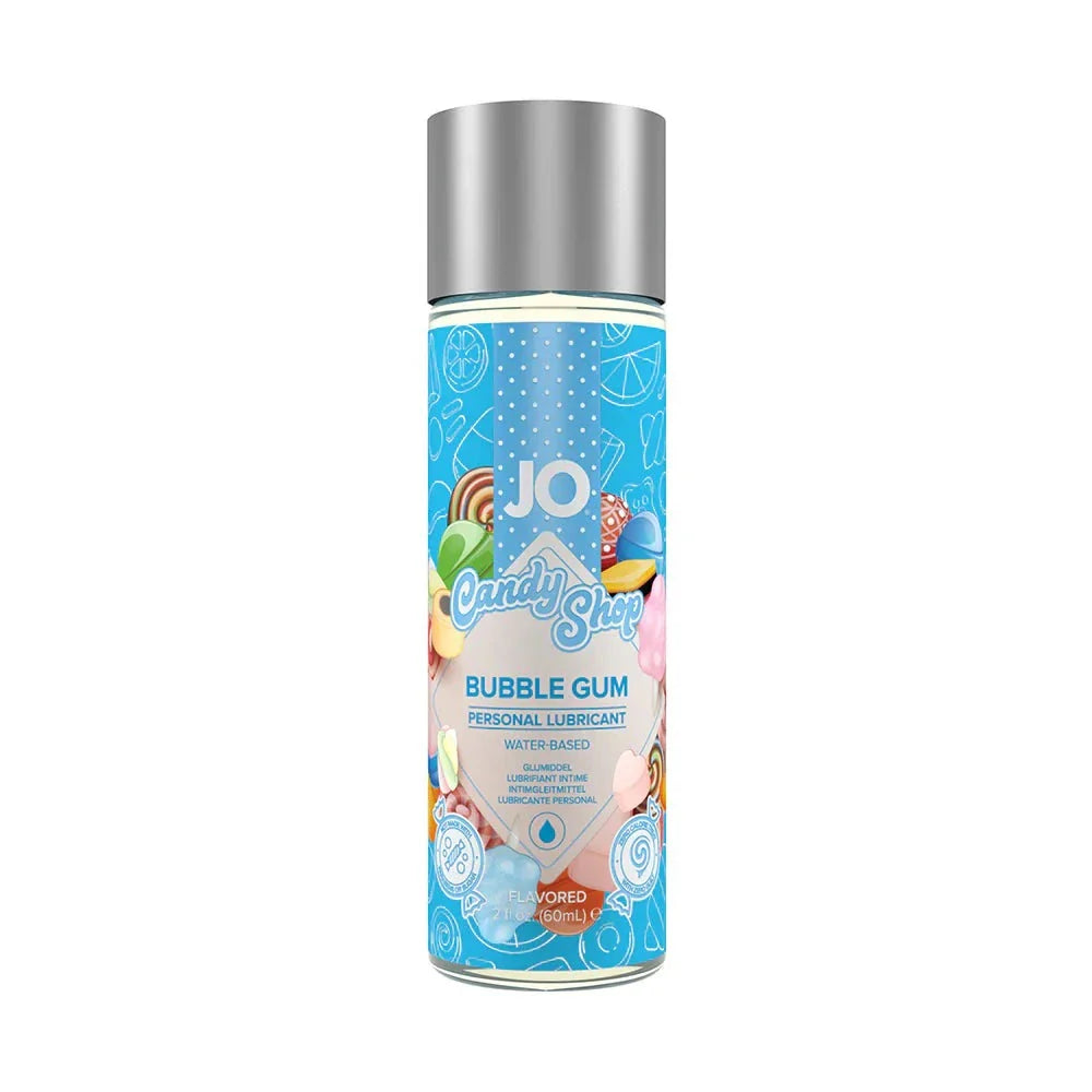 JO Candy Shop Bubble Gum flavored water-based personal lubricant 2 oz bottle with colorful candy-themed packaging and silver cap