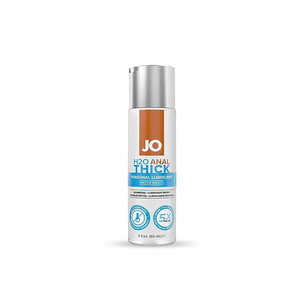 JO H2O Anal Thick water-based personal lubricant bottle with silver cap and blue and orange label, 2 oz.