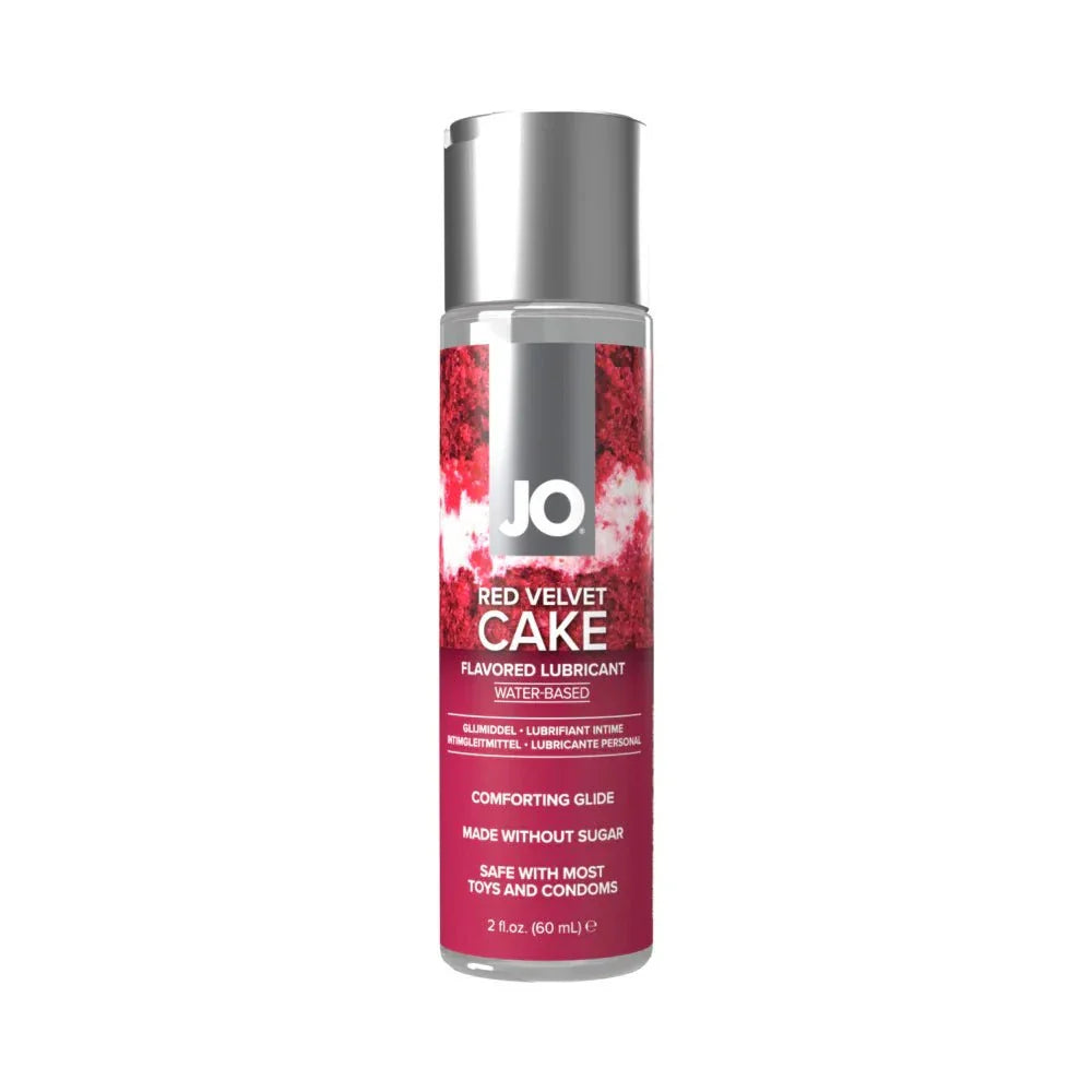 JO Red Velvet Cake flavored water-based lubricant 2 oz bottle with silver cap and red velvet cake design label.