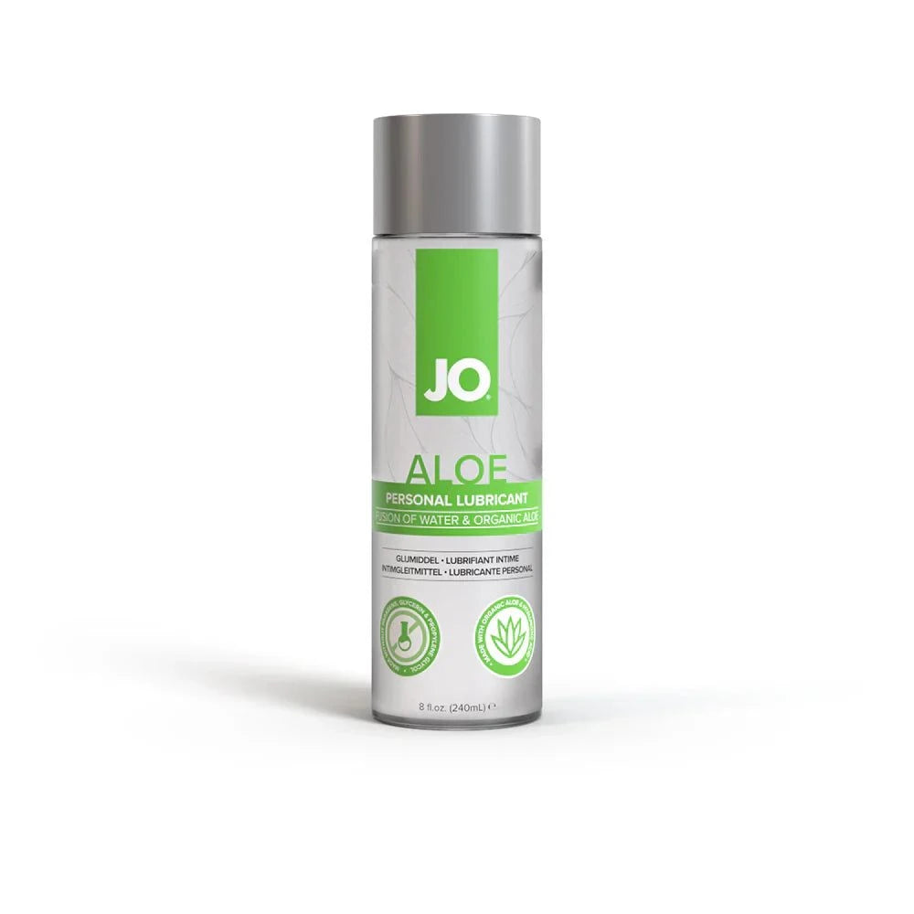 JO Aloe Water-Based Lubricant Original 8 oz. bottle with green and silver label, featuring organic aloe and moisturizing formula.