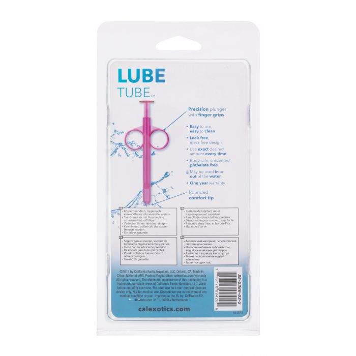 Purple Lube Tube with precision plunger, finger grips, and rounded tip for accurate lubrication application in clear packaging