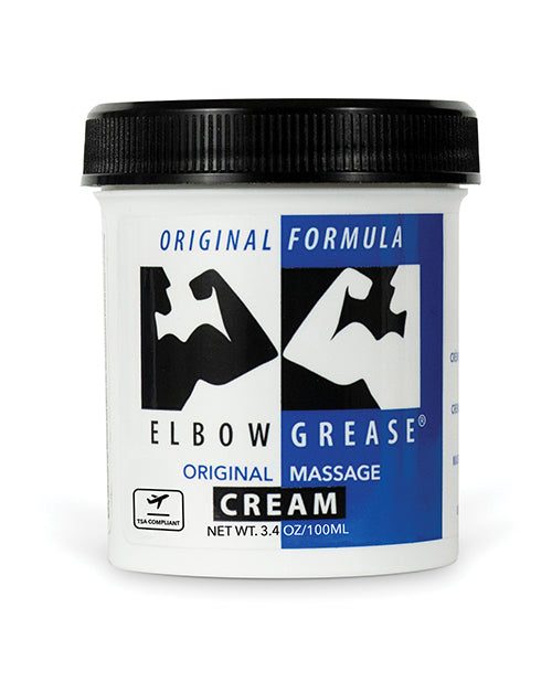 Elbow Grease Cream travel size 3.4 oz original formula massage cream in white container with black lid