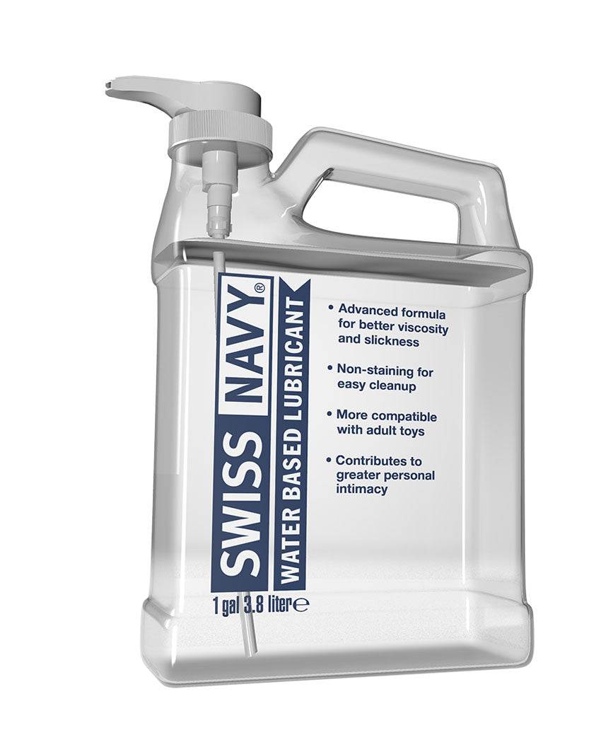 1-gallon bottle of Swiss Navy Water-Based Lubricant with advanced formula for enhanced viscosity, slickness, and easy cleanup.