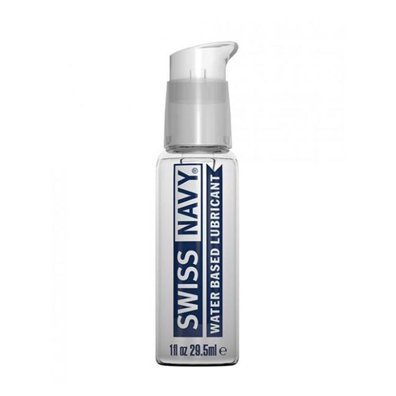 Swiss Navy Water-Based Lubricant 1 oz bottle with pump dispenser for smooth and safe intimate use.