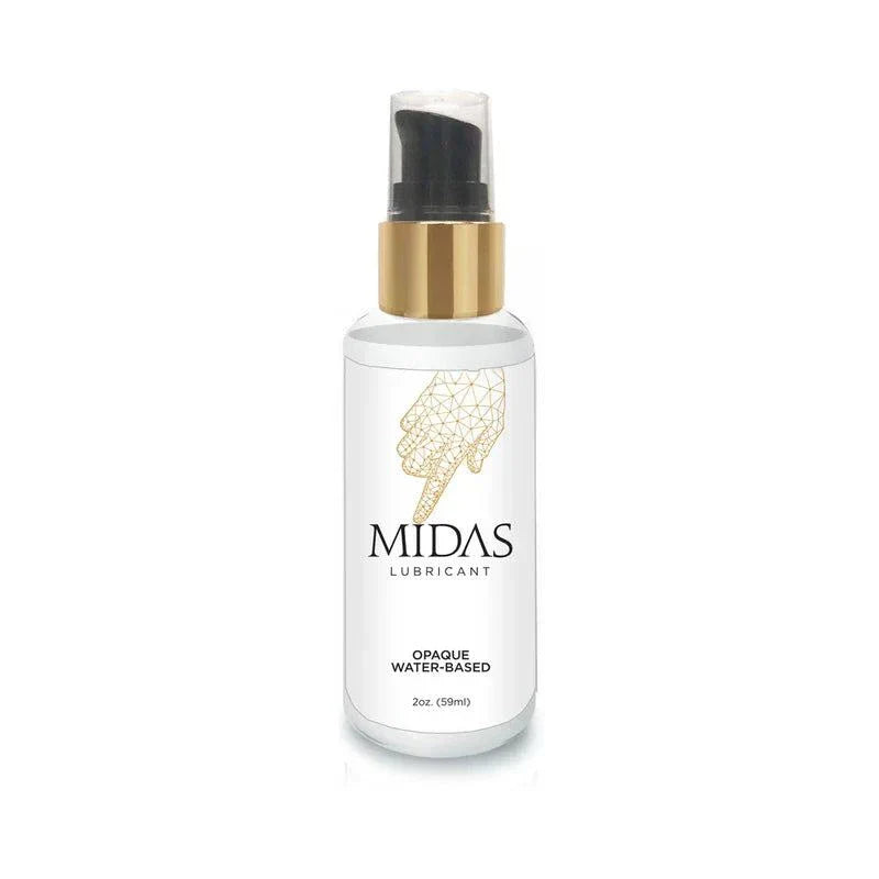 Midas Opaque Water-Based Lubricant 2 oz bottle with gold pump, silky water-based formula for intimate comfort and smooth application