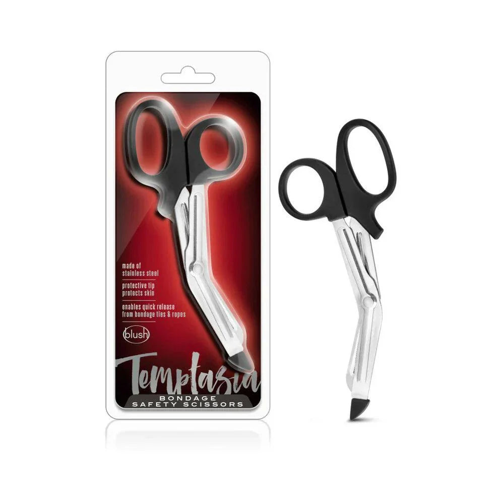 Temptasia Bondage Safety Scissors black with protective rounded tip and angled handle for safe quick release of restraints.