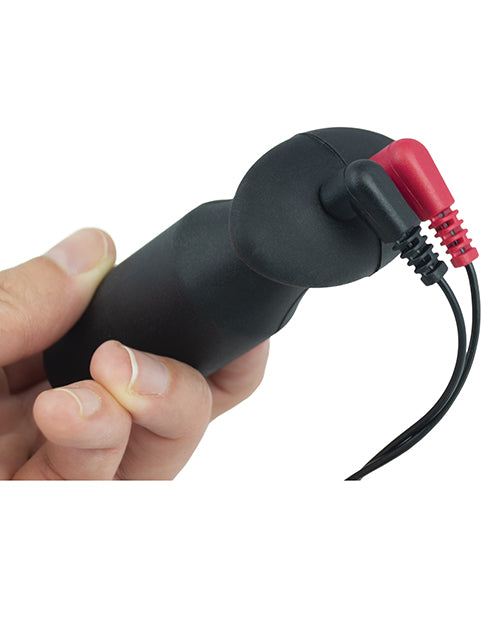 ElectraStim cable with 90 degree plugs connected to a black device held in hand for electrostimulation use