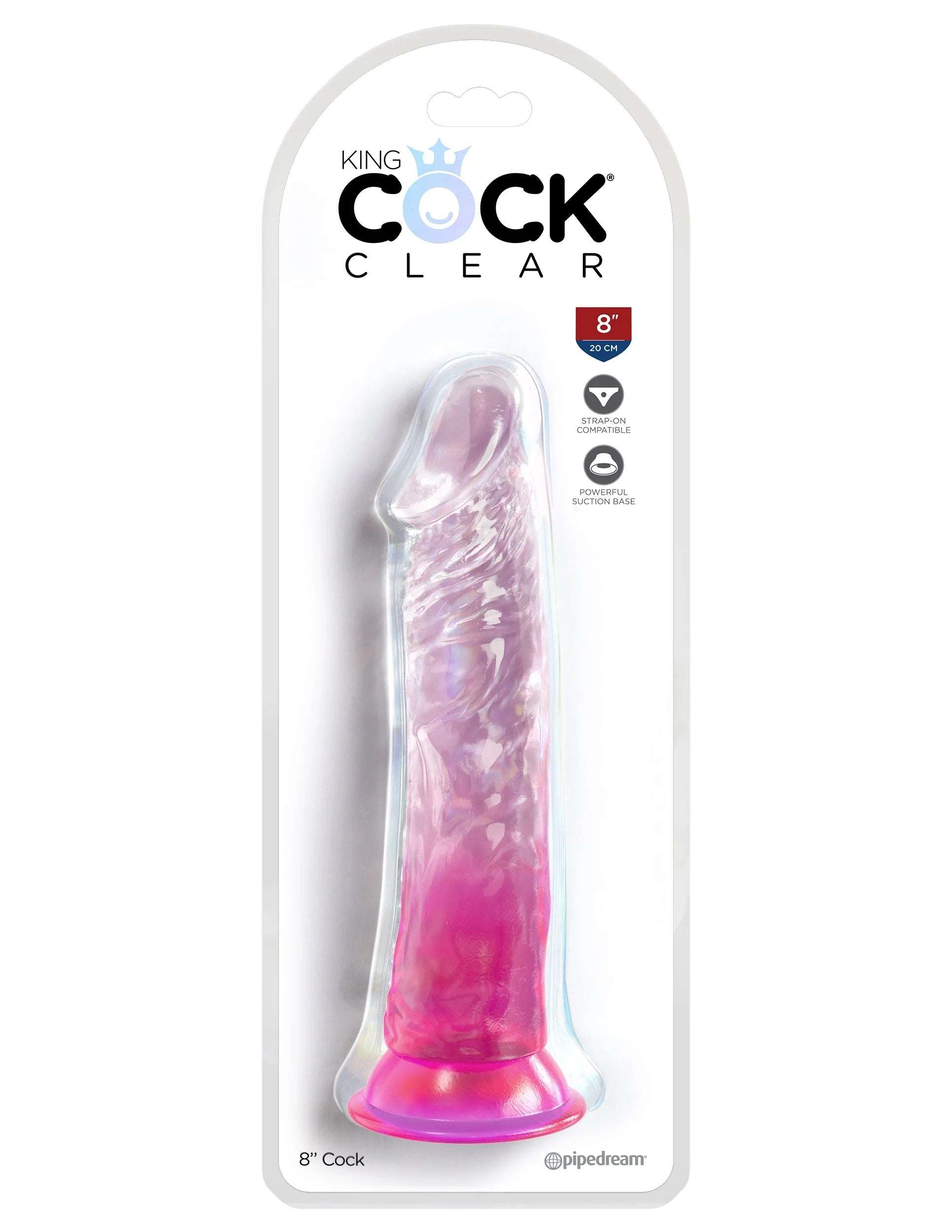King Cock Clear 8 Inch Pink translucent dildo with flexible shaft and suction cup base in retail packaging